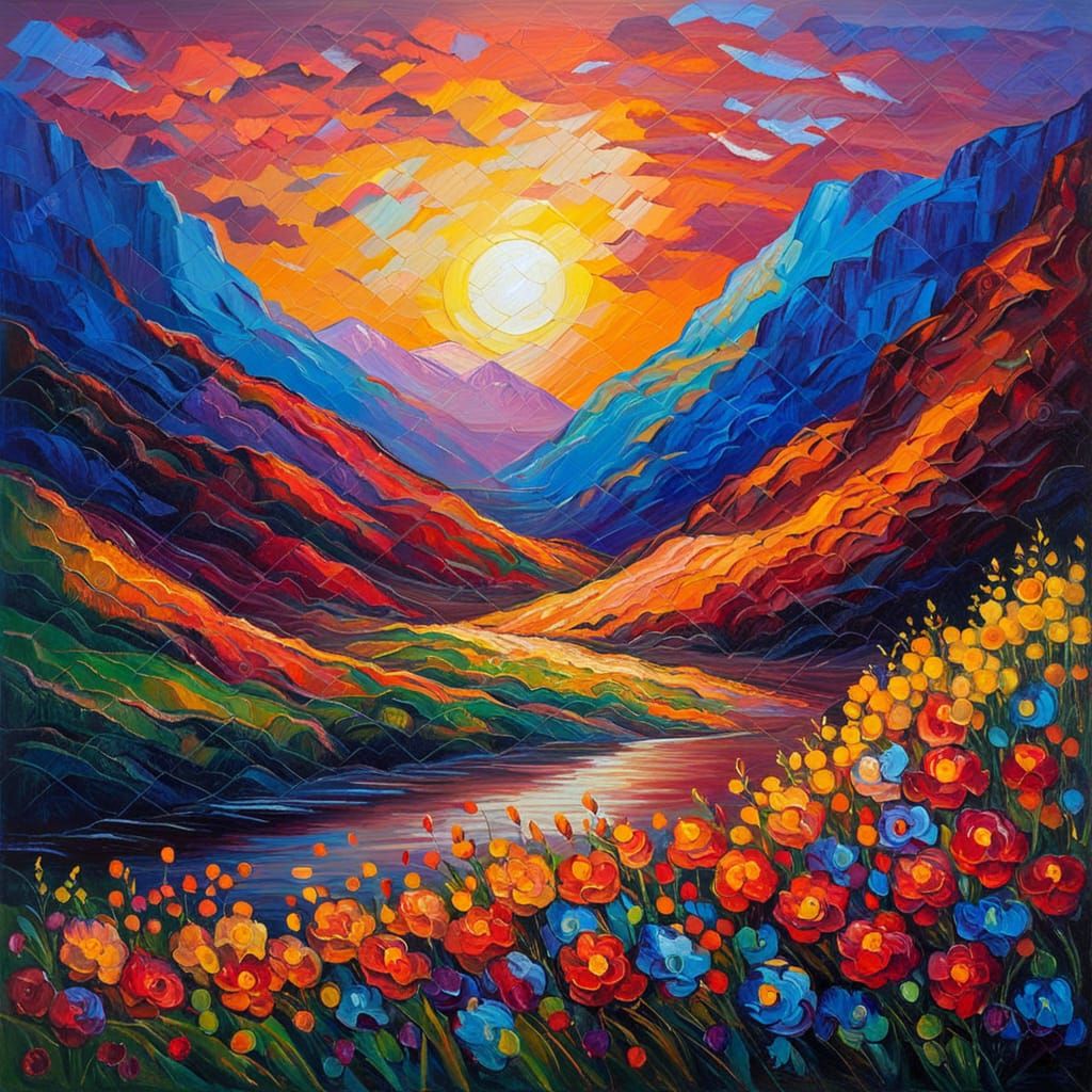 Expressionist Sunset Over Mountain Landscape Oil Painting