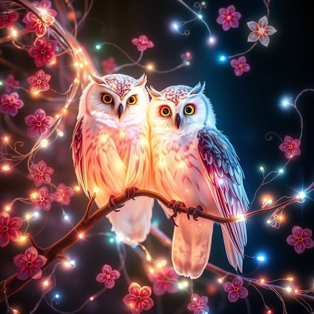 Whimsical Fiber Optic Florals with Majestic Owls in a Futuri...
