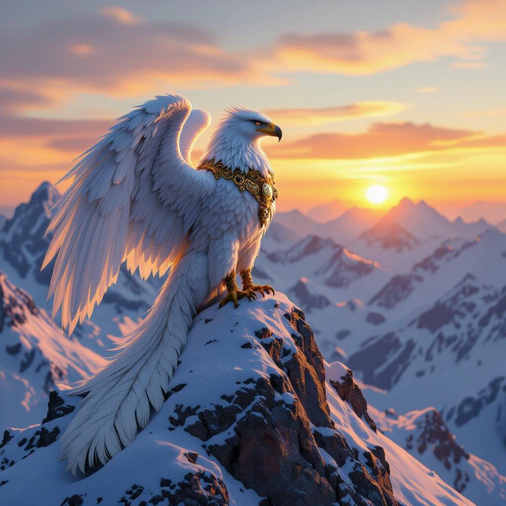 Griffin Perched Atop Snowy Mountain Peak
