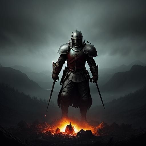 Knight and Dragon in Film Noir Landscape