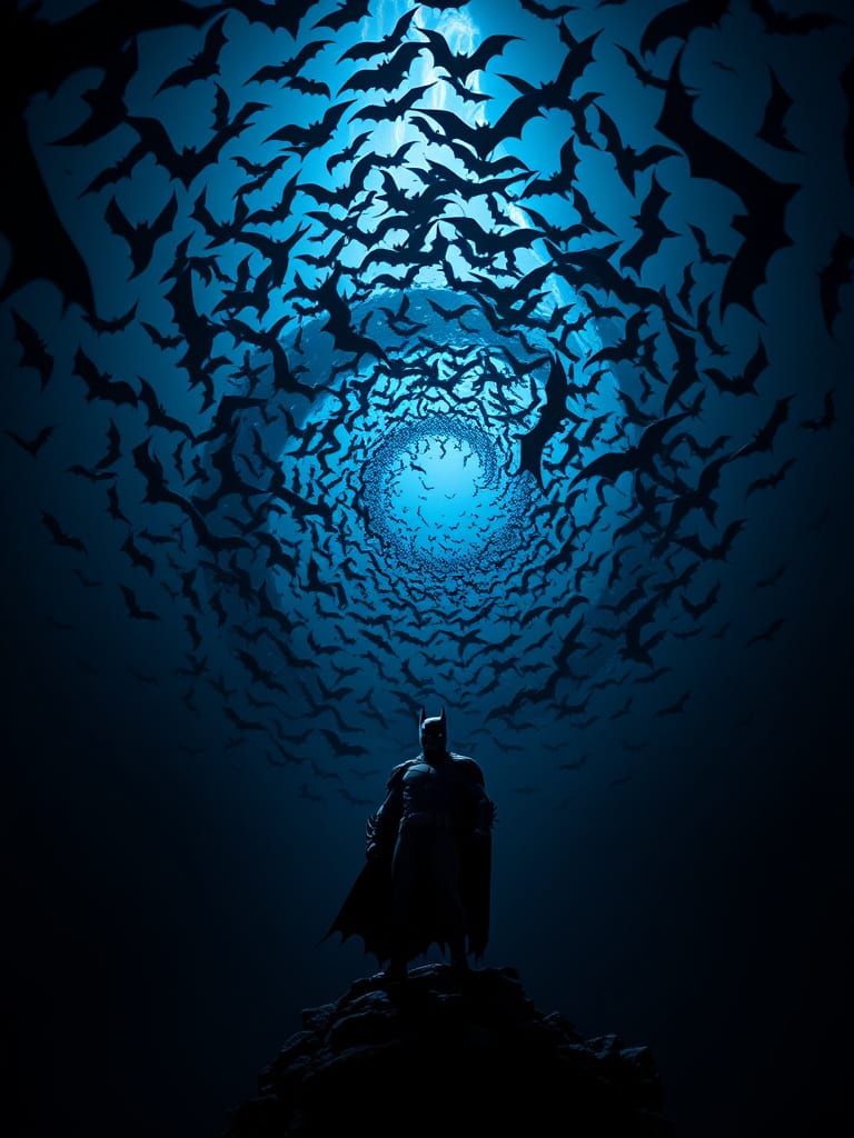 Batman Surrounded by a Whirling Spiral of Bats in Dark Fanta...