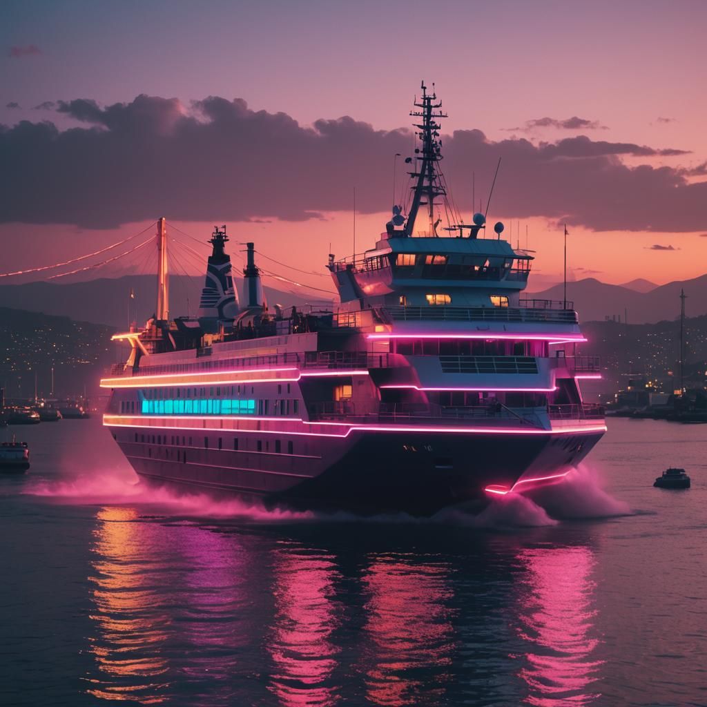 Synthwave Ferry Launch at Sunset in Neon Noir
