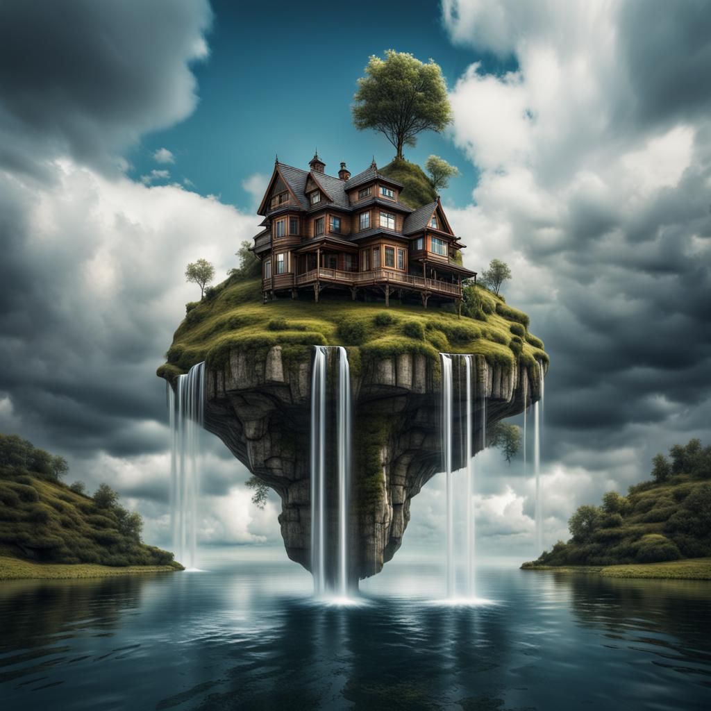 Surreal Sky Islands with Levitating House and Waterfalls
