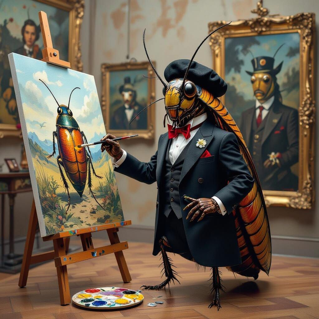 Cockroach Artist in Surreal Insect Art Gallery