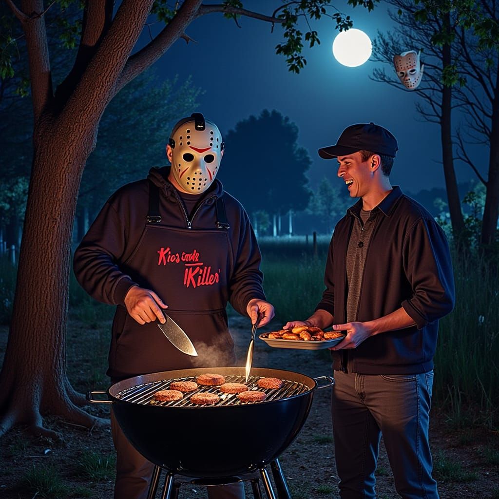 A horror-comedy scene showing Jason Voorhees and <lora:Jaybi...