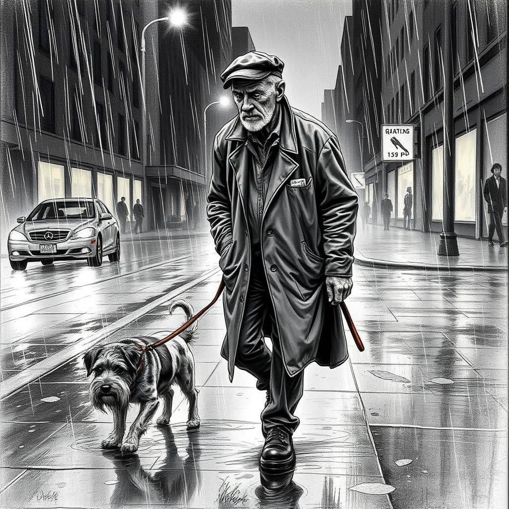 Weathered Gentleman Guides Loyal Dog Through Rainy City Stre...