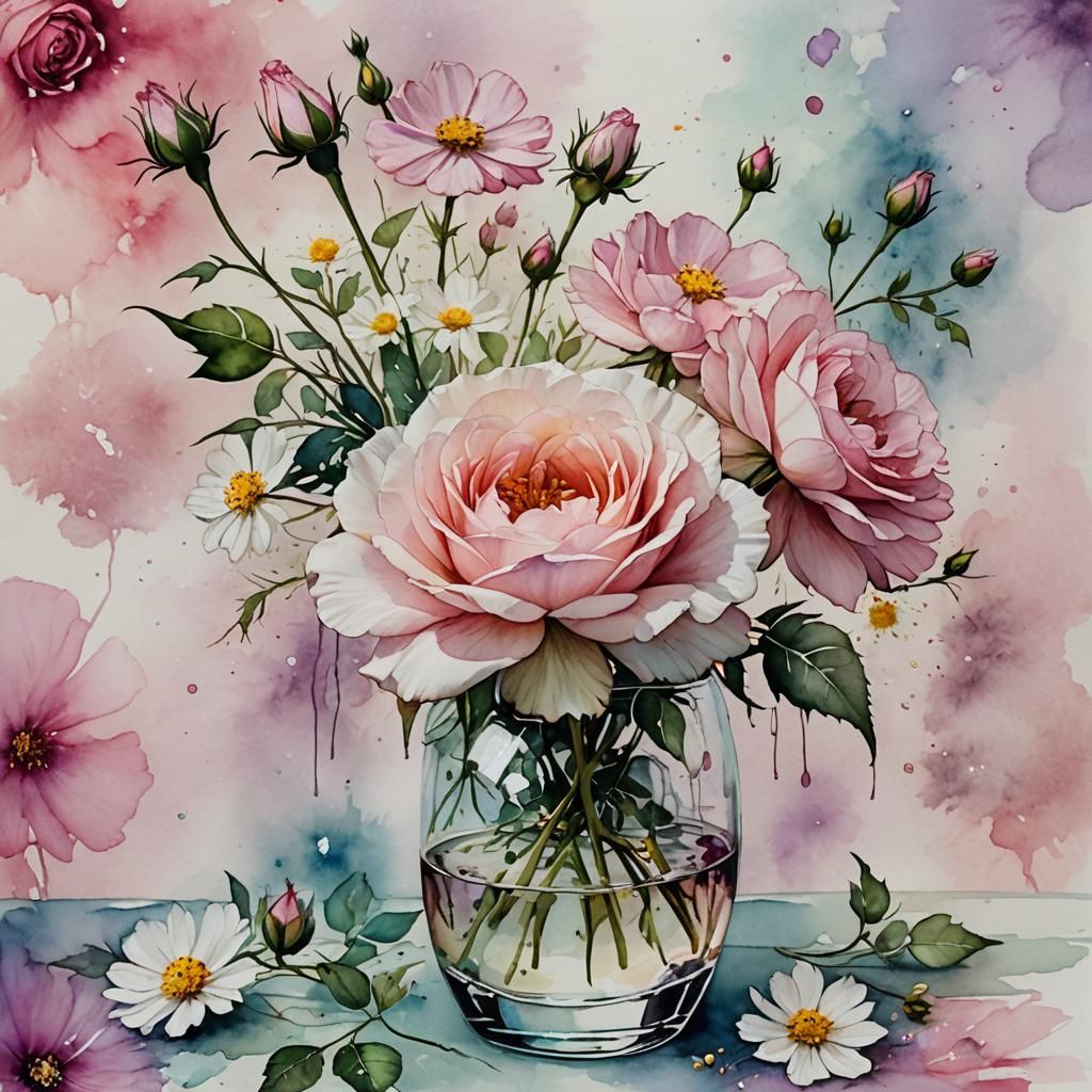 Pale Pink Rose and Cosmos in Watercolor