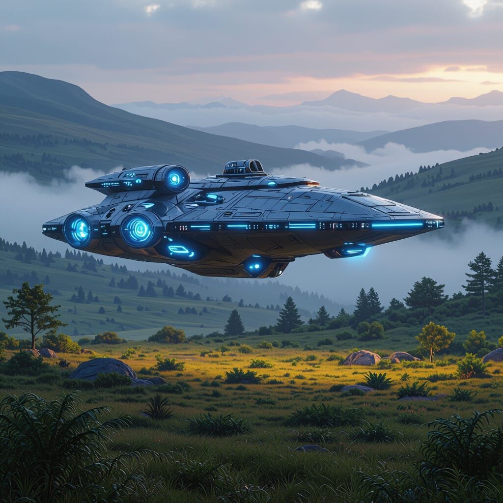 Starship Landing in Misty Highlands: Matte Painting