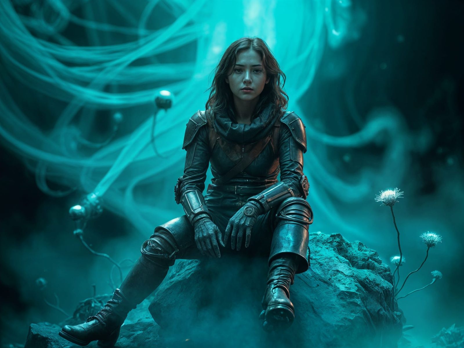 Sci-Fi Horror: Traveler in Bioluminescent Alien Landscape