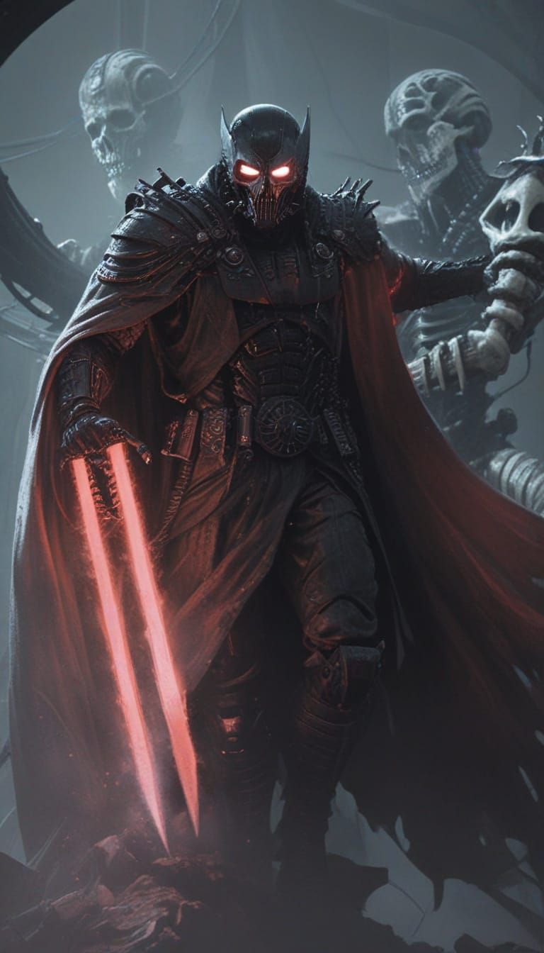 Gothic Cyberpunk Hybrid Leans Forward in Neon Noir Throne