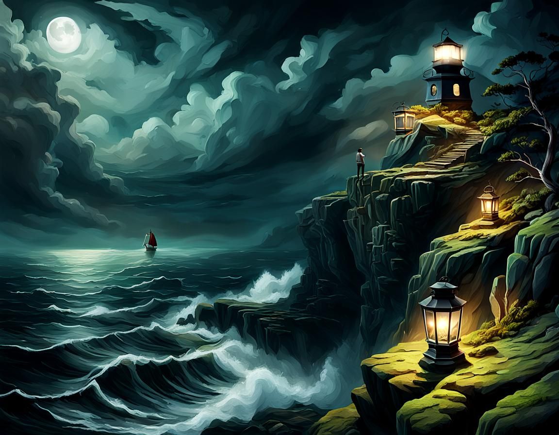 Lone Sailor at Cliff Edge in Surreal Digital Art
