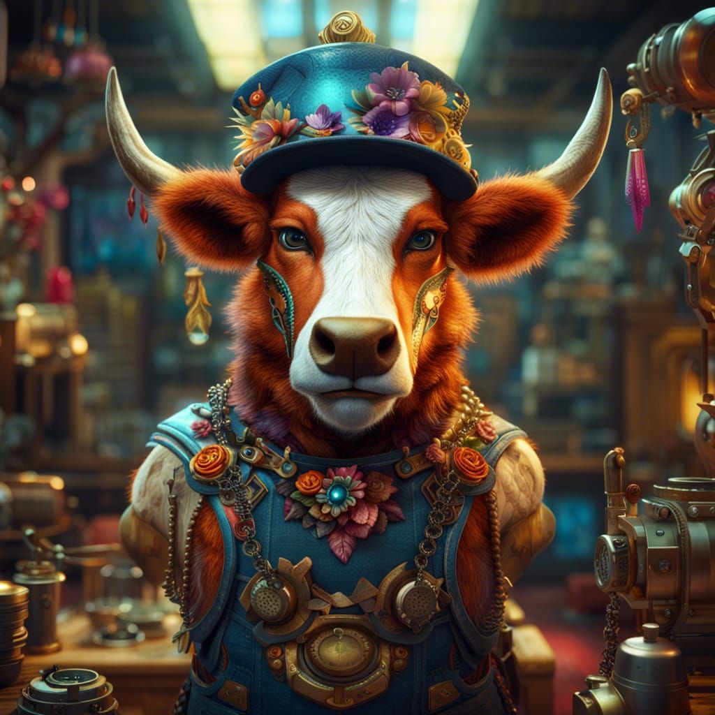 Bionic Hairy Cow in Fox Hat: Hypermaximalist Art