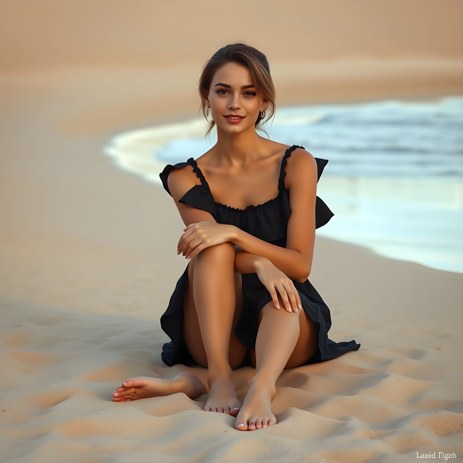 Serenely Seated Young Woman on Sandy Beach