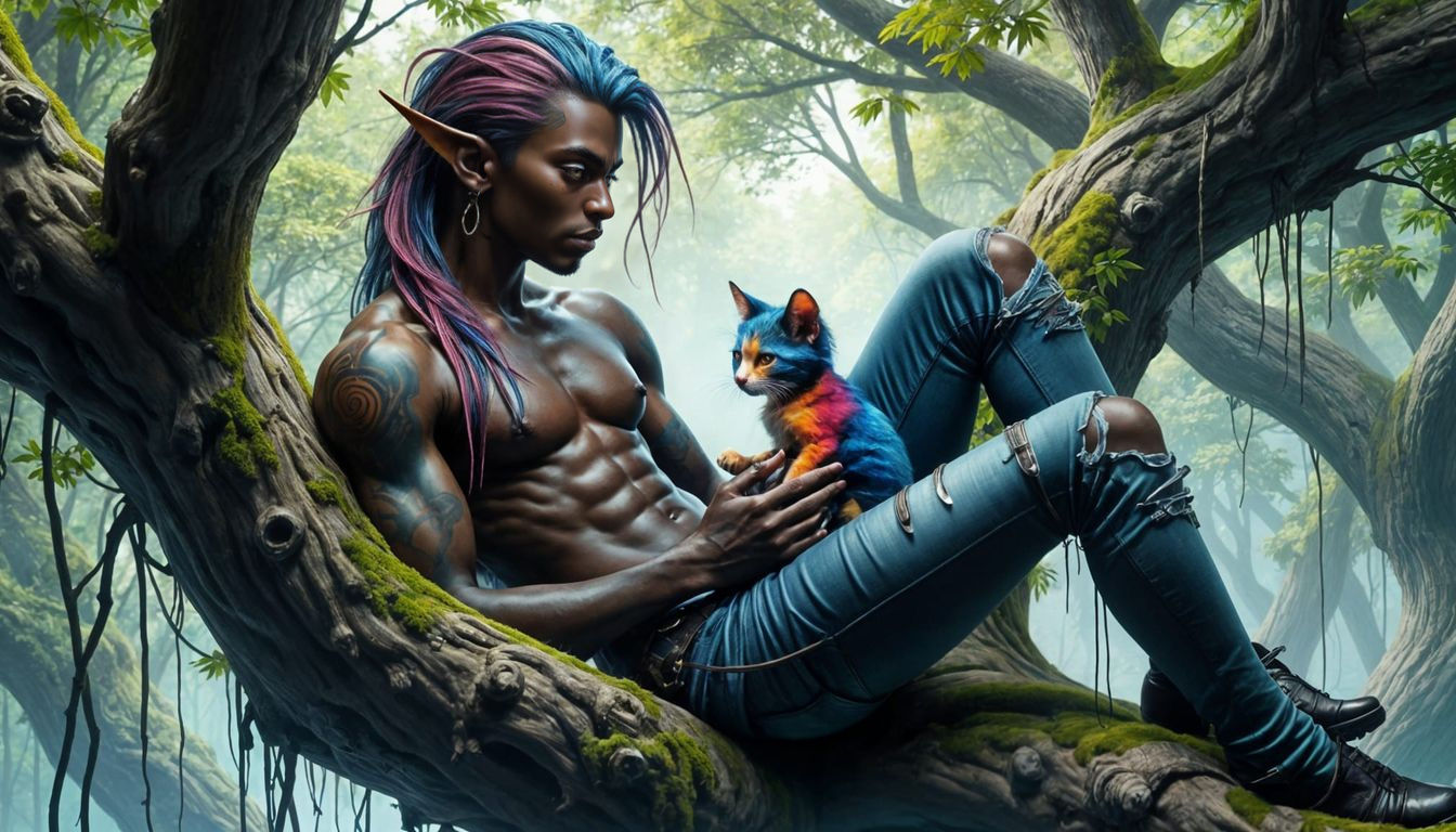 Dark Fantasy Elf in Tree, Multi-Colored Hair and Kitten