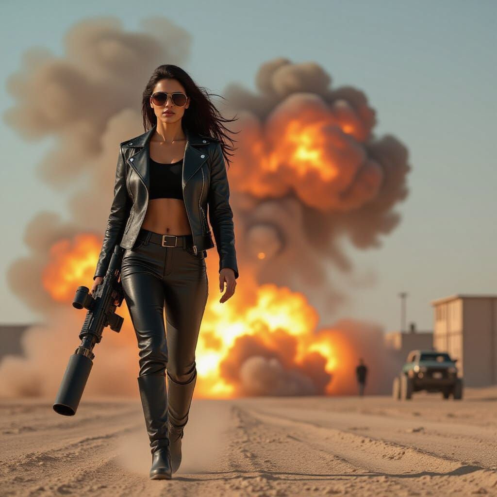 Woman Walks Away From Explosion in Futuristic Style