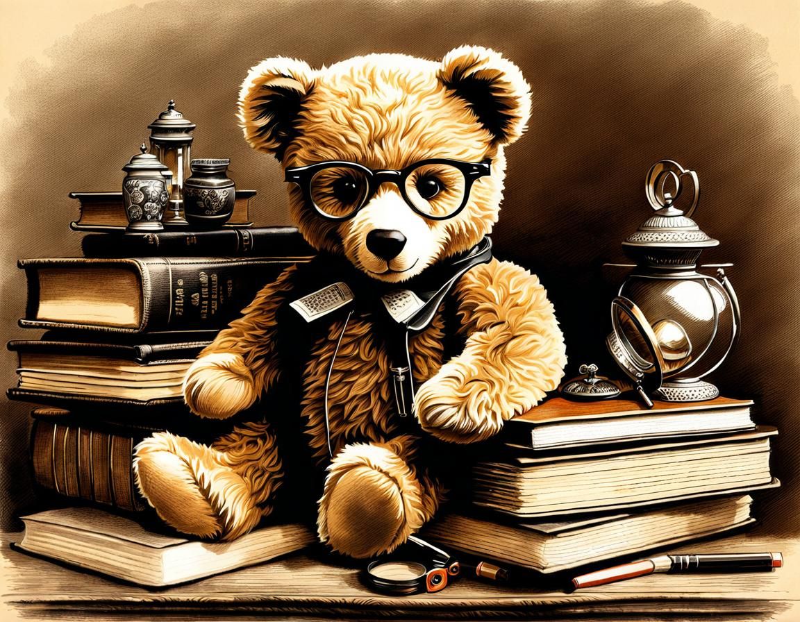 Teddy Bear Reader in Detailed Pencil Sketch