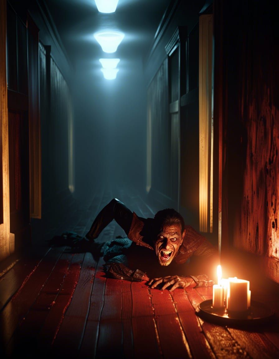 Visceral Body Horror in Dark Corridor