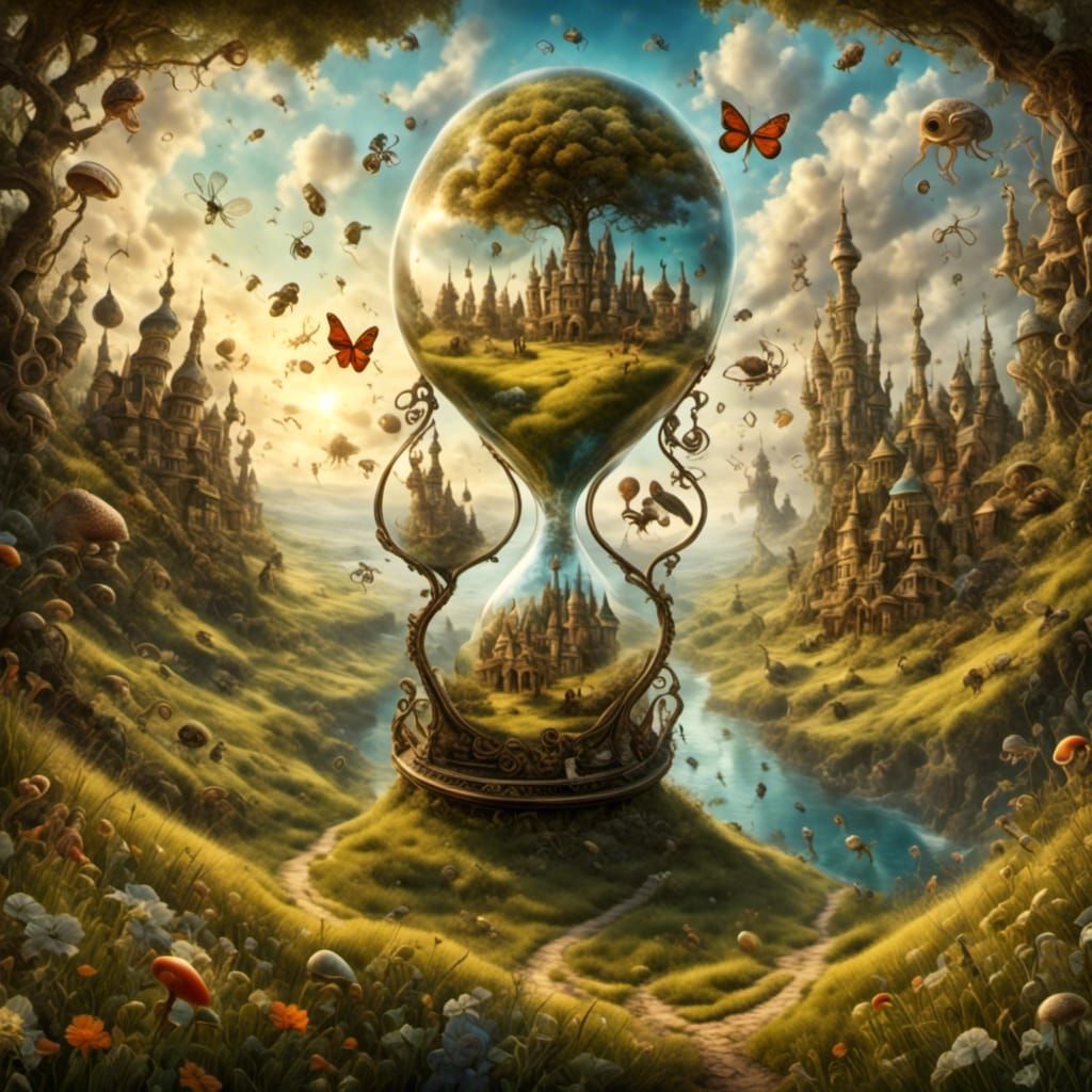 Surreal Hourglass Landscape with Insects, Hyperreal Style