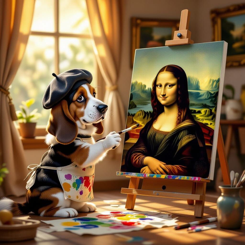 Basset Hound Artist Paints the Mona Lisa