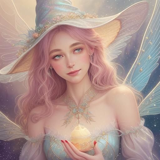 Whimsical Witch Fairy Portrait in Gouache