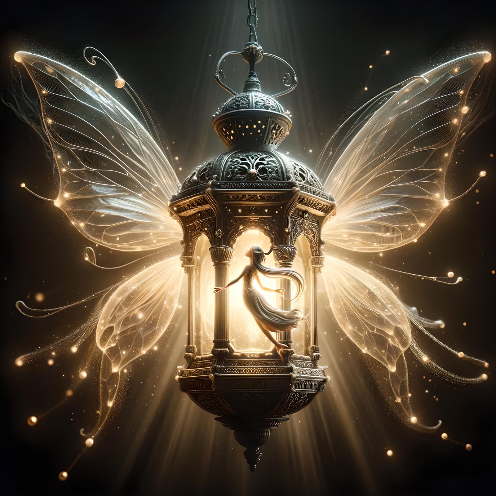 Magical Fairy in Ornate Lantern with Shimmering Wings