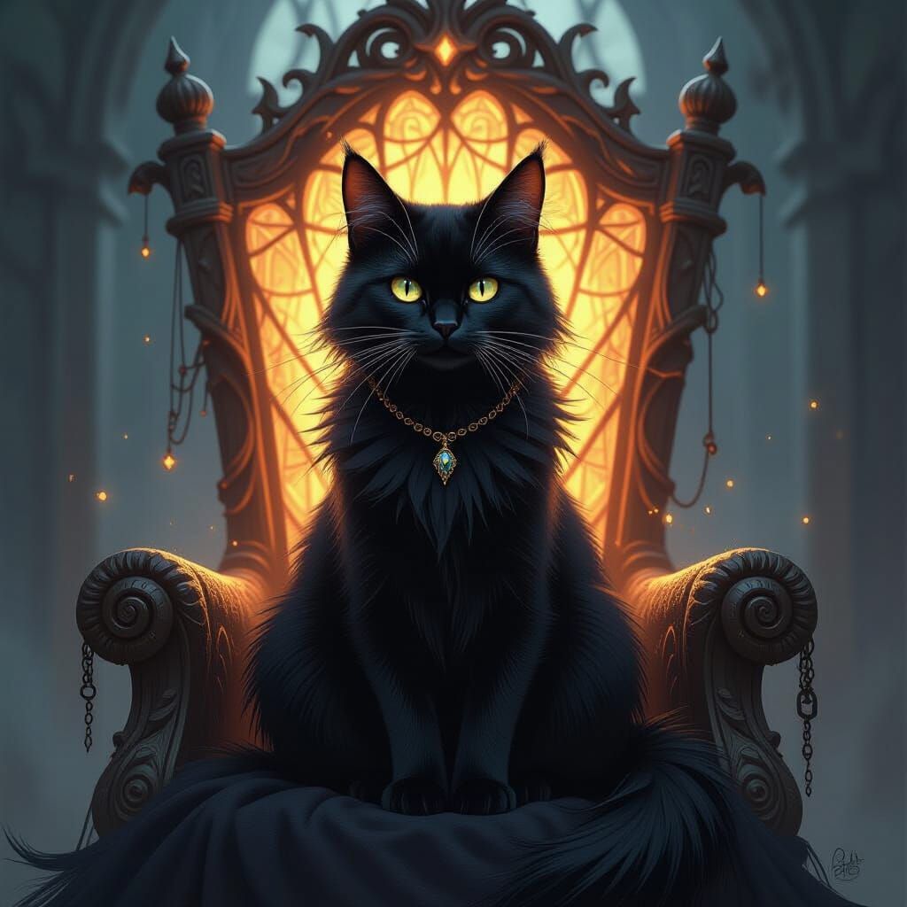 Black Cat Familiar on Glowing Web Throne