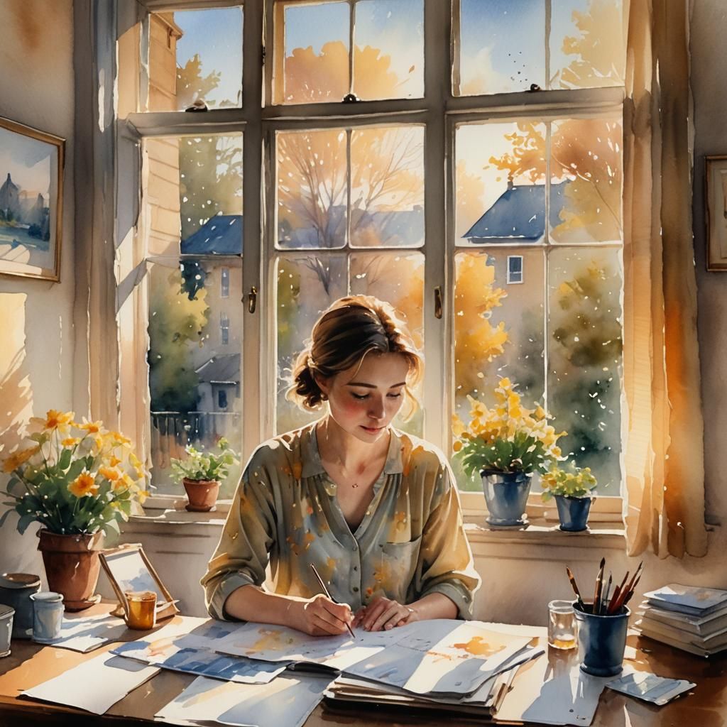 Watercolor Painting of Artist at Desk in Sunlight
