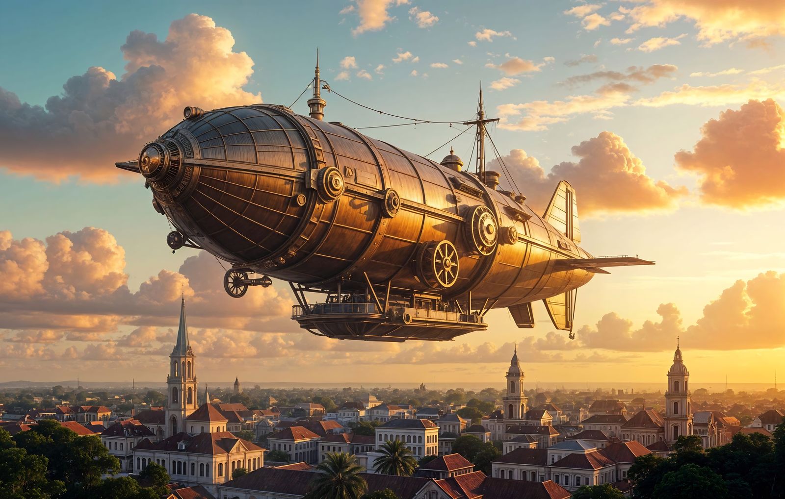 Steampunk Airship Over Futuristic Paramaribo in Digital Art
