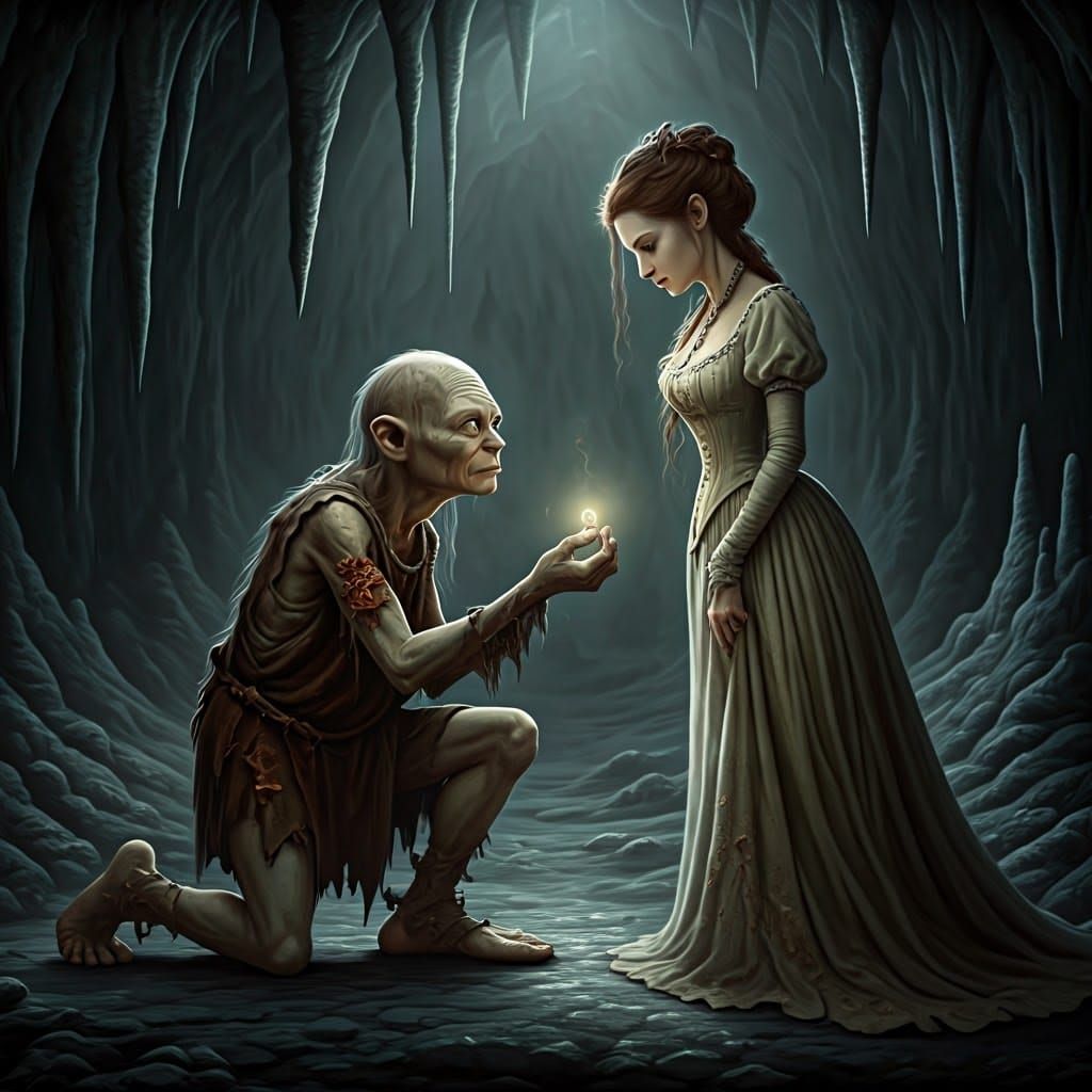 Gollum's Enchanted Proposal in a Dark, Mystical Cave