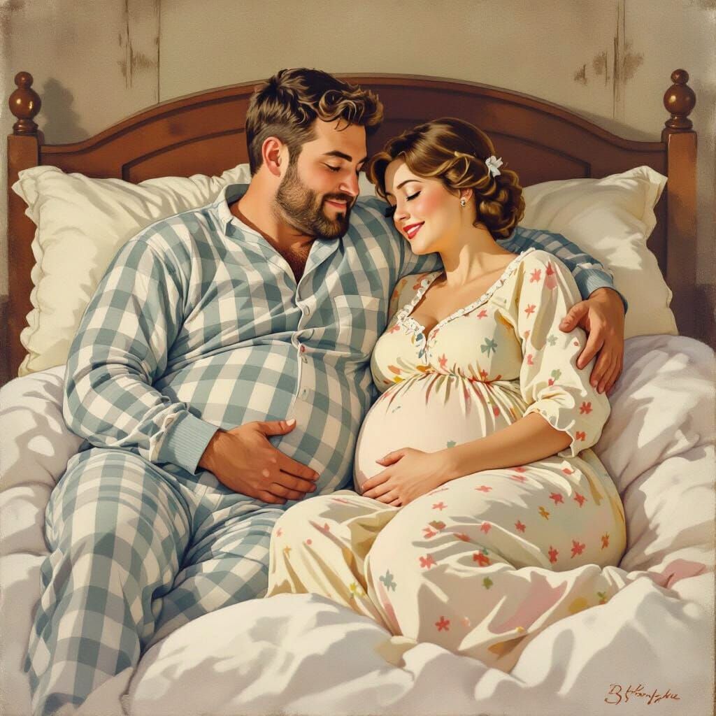 Expecting Couple in Bed, Classic Illustration