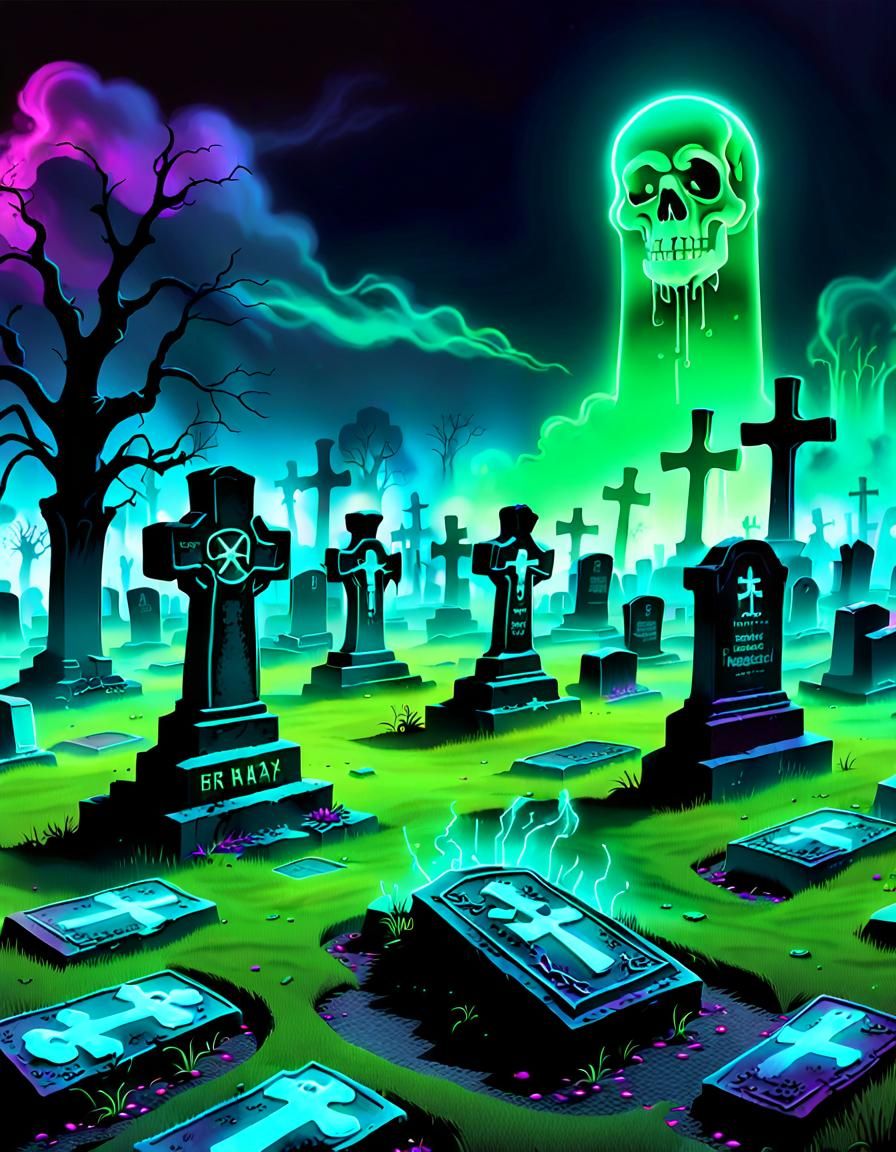 Neon Graveyard with Fluorescent Tombstones in Digital Art