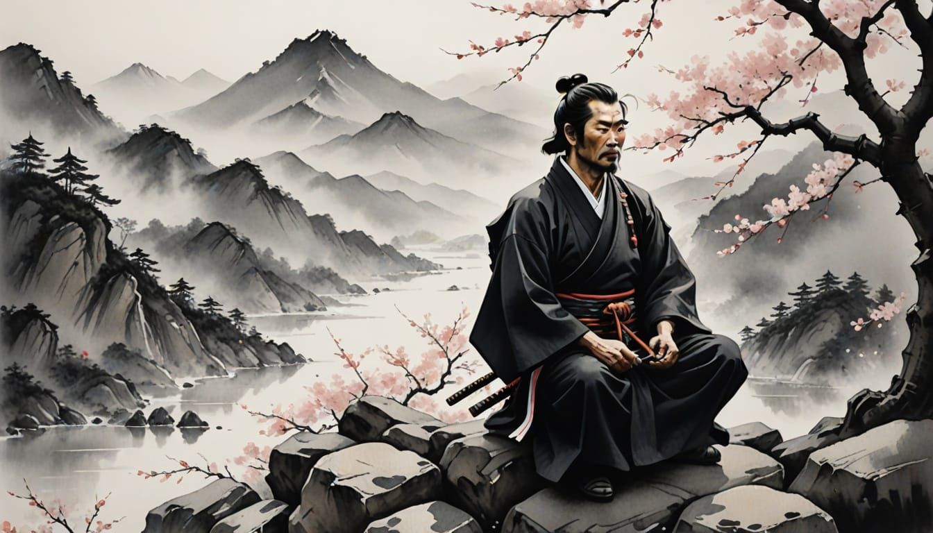 Meditating Samurai in Sumi-e Style with Misty Mountains