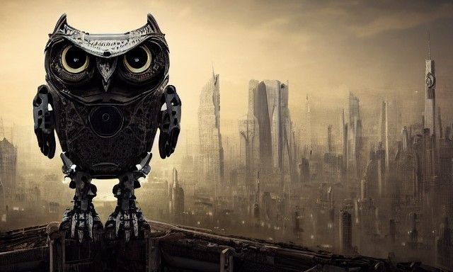 Robotic Owl Dominates Dystopian Cityscape