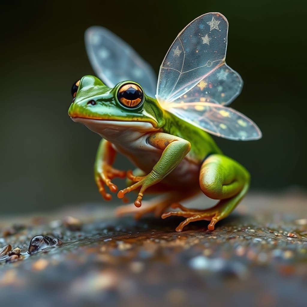 Frog with Fairy Wings in a Whimsical Scene