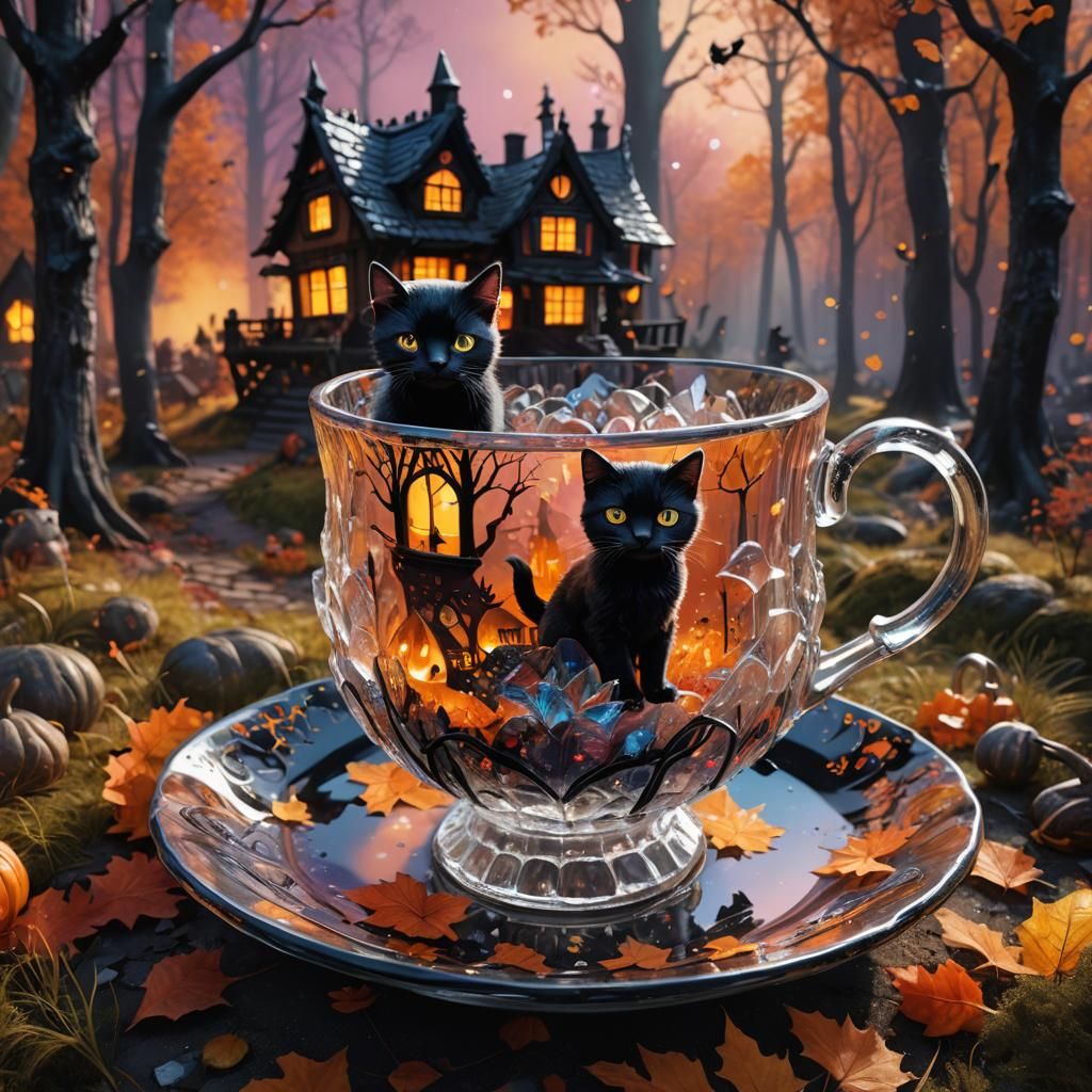 Magical Halloween Village in Crystal Teacup