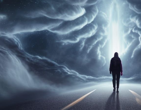 Woman and Child on Cosmic Road: Sci-Fi Art