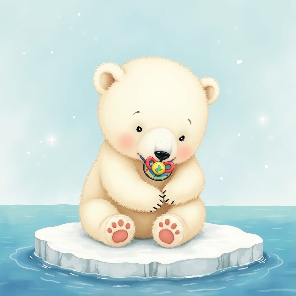 Whimsical Polar Bear Cub with Pacifier in Watercolor Style