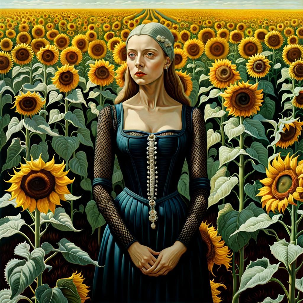 Surreal Woman in Sunflower Field Oil Painting