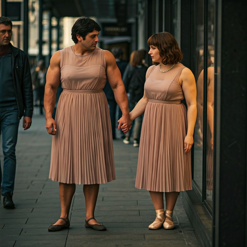 Tomboy and Woman Admire Display Case Downtown