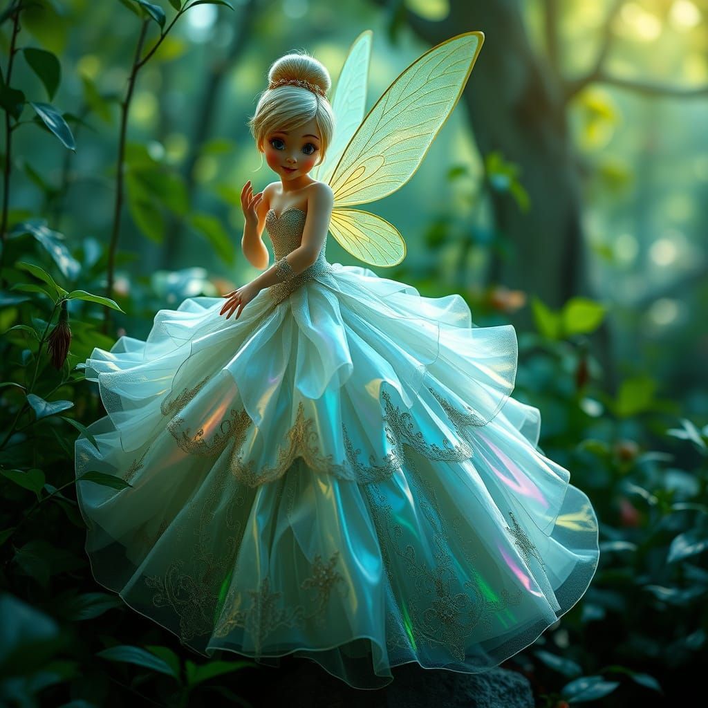 Photorealistic Tinkerbell in Iridescent Ball Gown