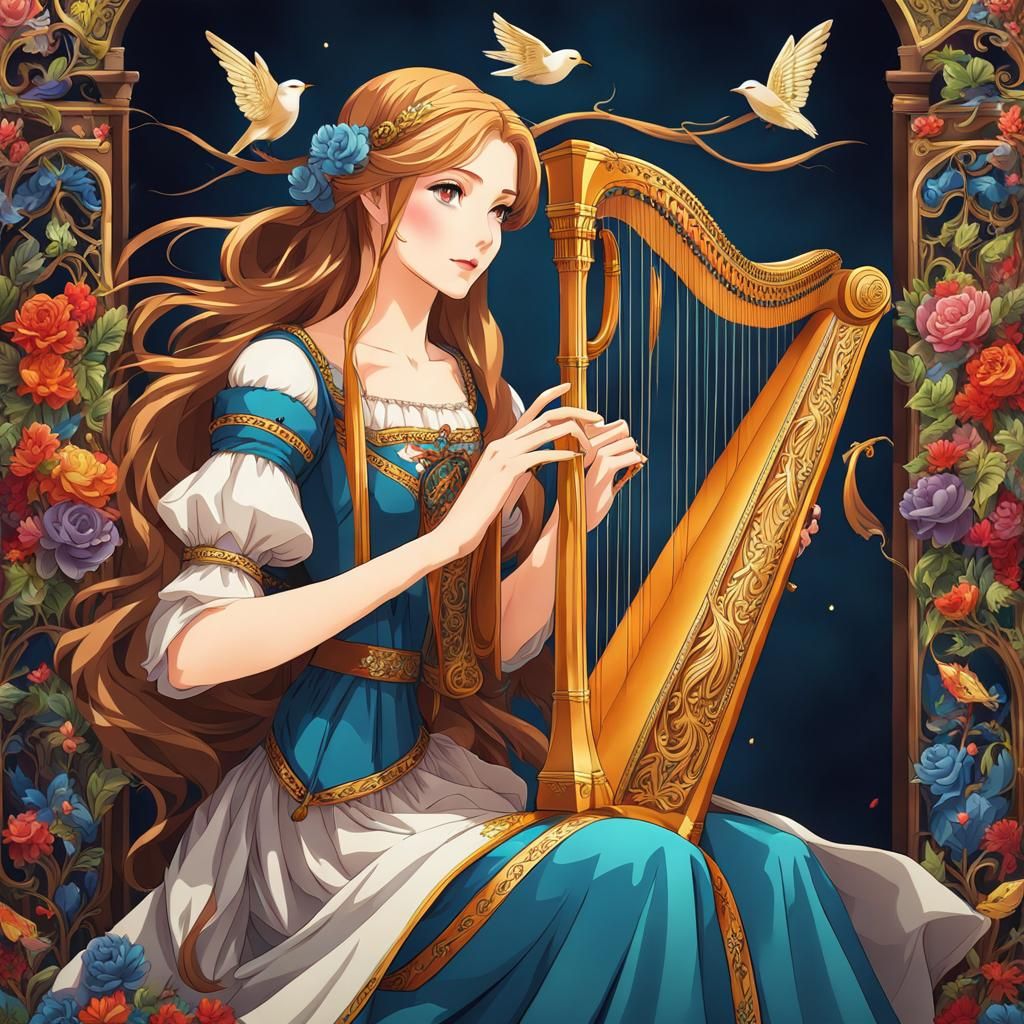 Anime-Style Medieval Maiden Playing Harp