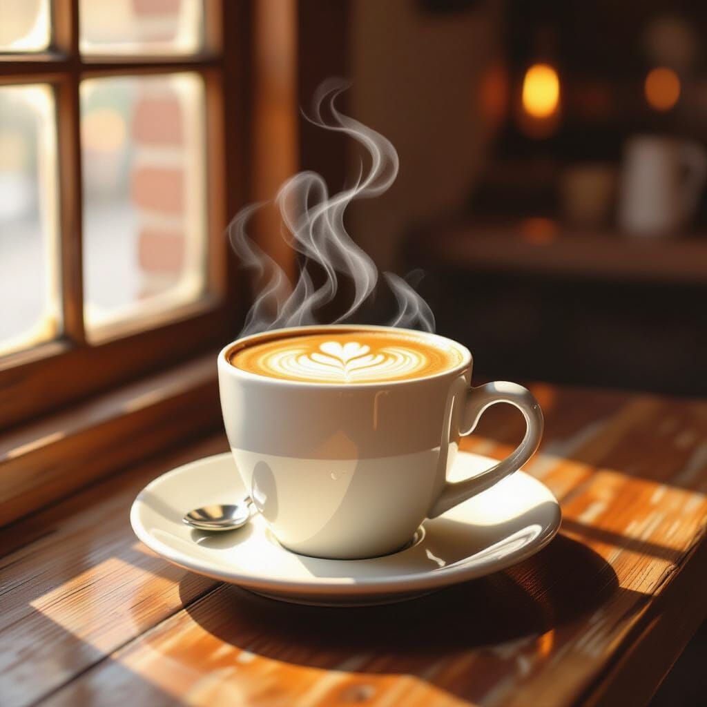 Steaming Coffee Cup with Latte Art on Cafe Table