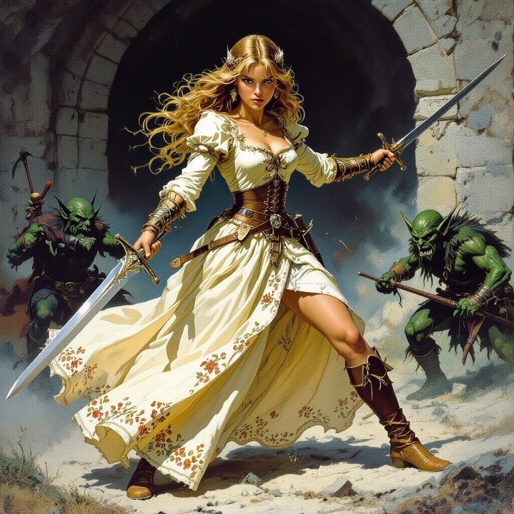 Medieval Princess Battles Goblins in Fantasy Art Style