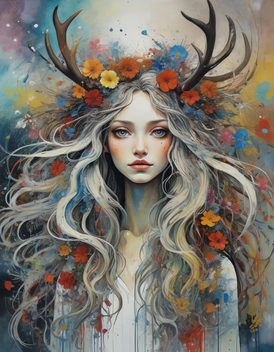 Antlered Girl with Flowers in Art Brut Style