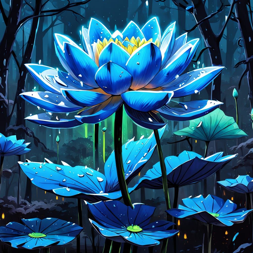 Cyberpunk Blue Lotus in Neon Noir Inkwash Painting