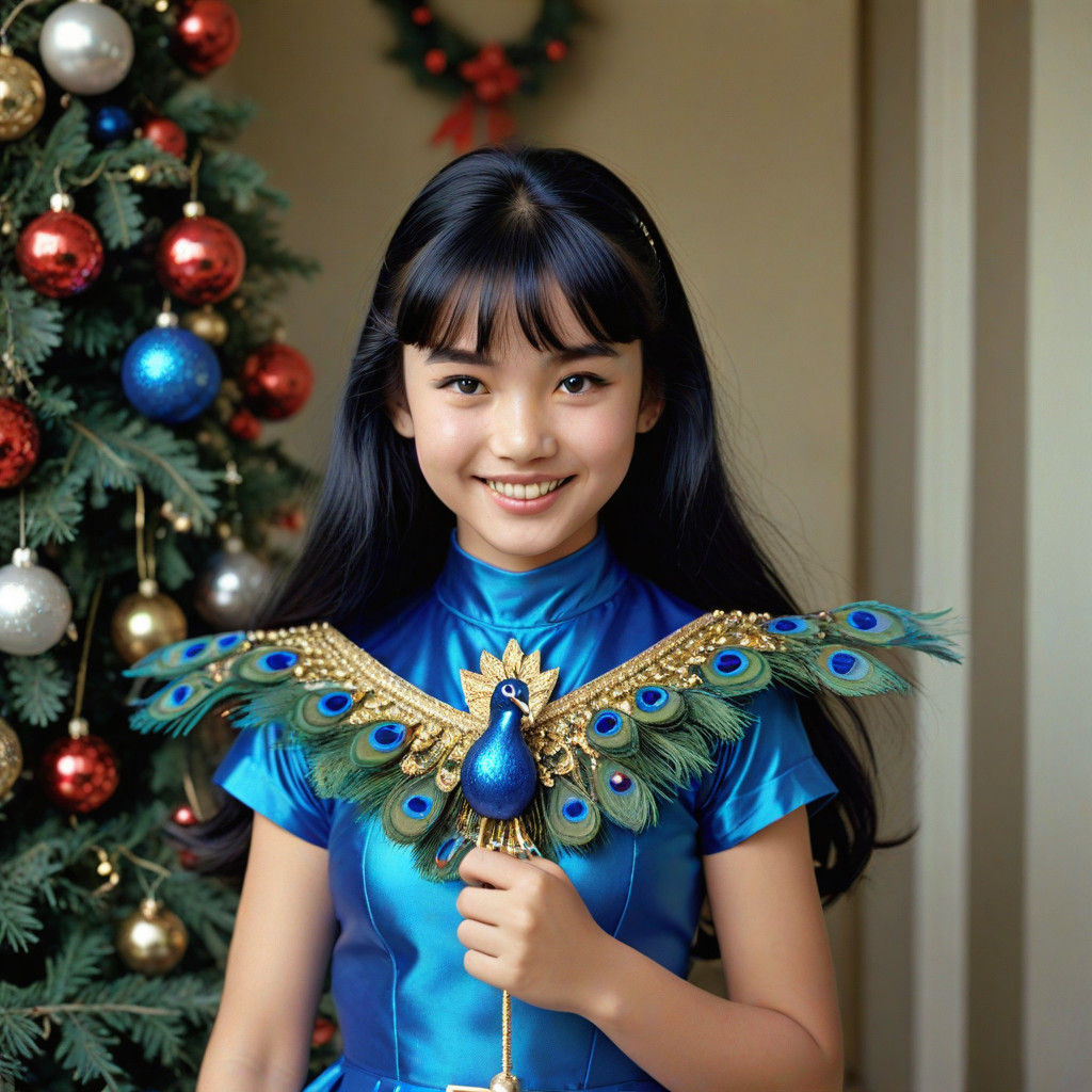 14 year old Vietnam girl with long black hair with bangs as the blue peacock feathered power ranger Christmas fashion sm...