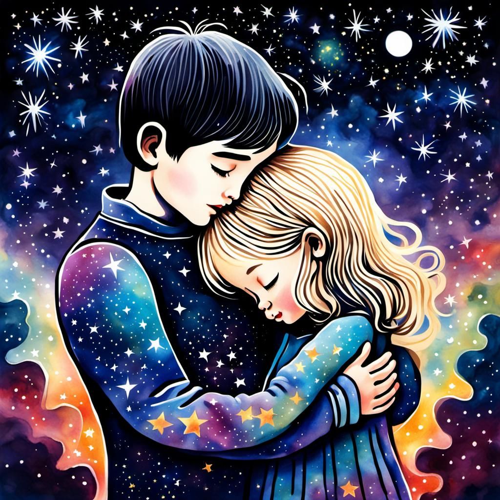 Watercolor: Mother and Child in Starry Night