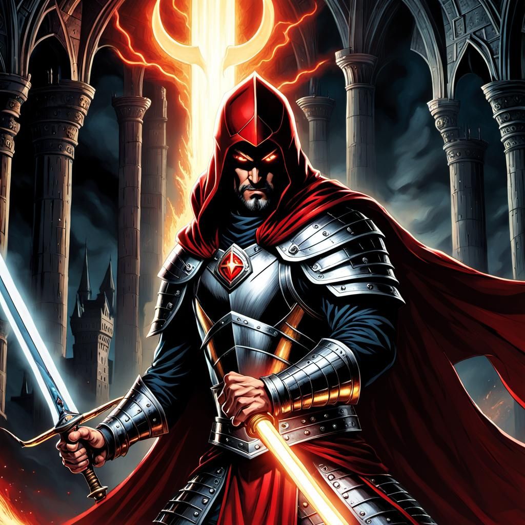 Surreal Fantasy Warrior Defies Sinister Wizard in Dark Castl...