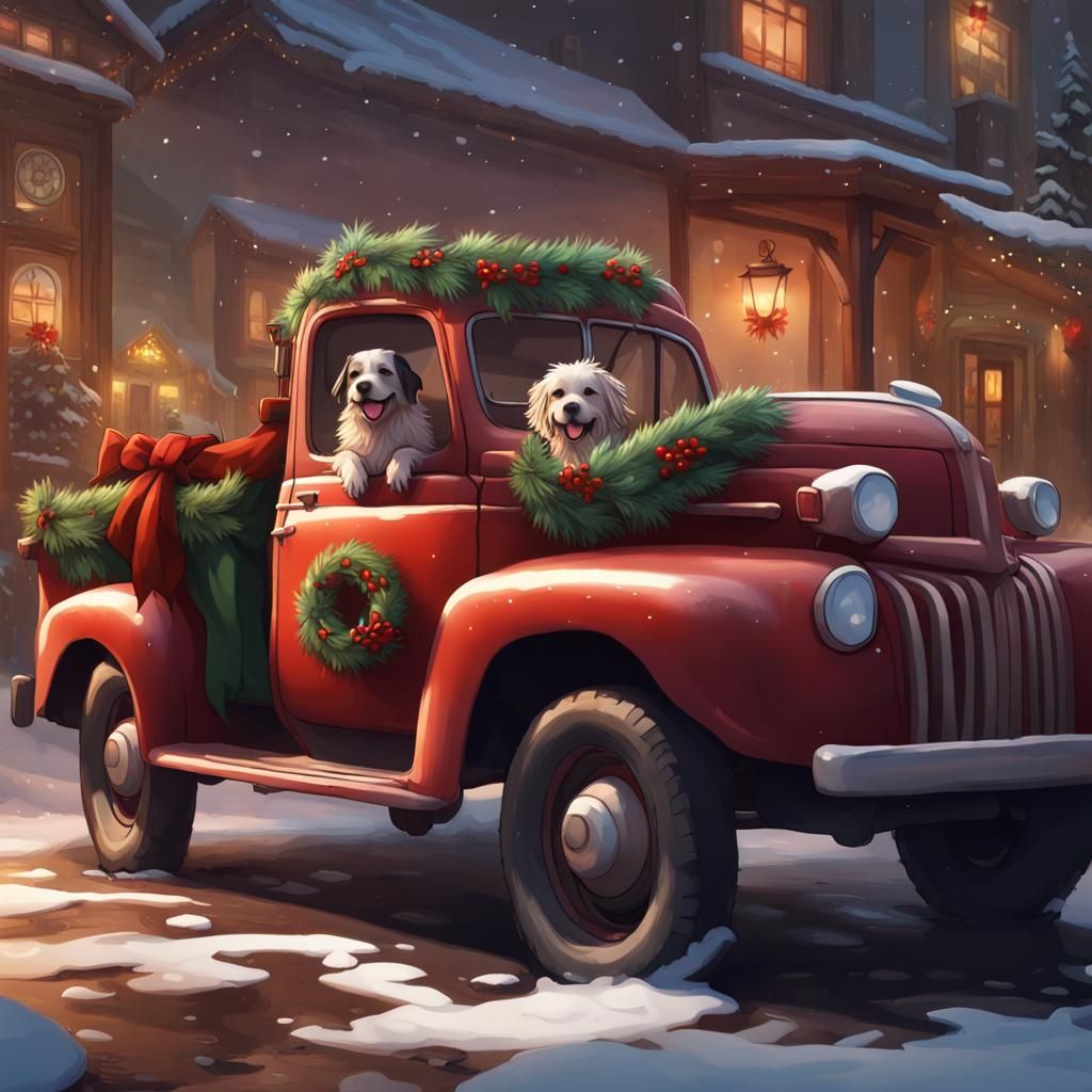 Festive Pickup Truck with Dogs in Holiday Scarves