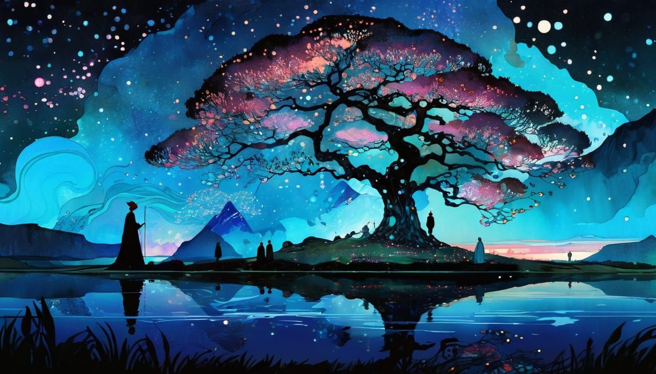 Enchanted Pink Sunset Fairytale Scene in Art Brut Style